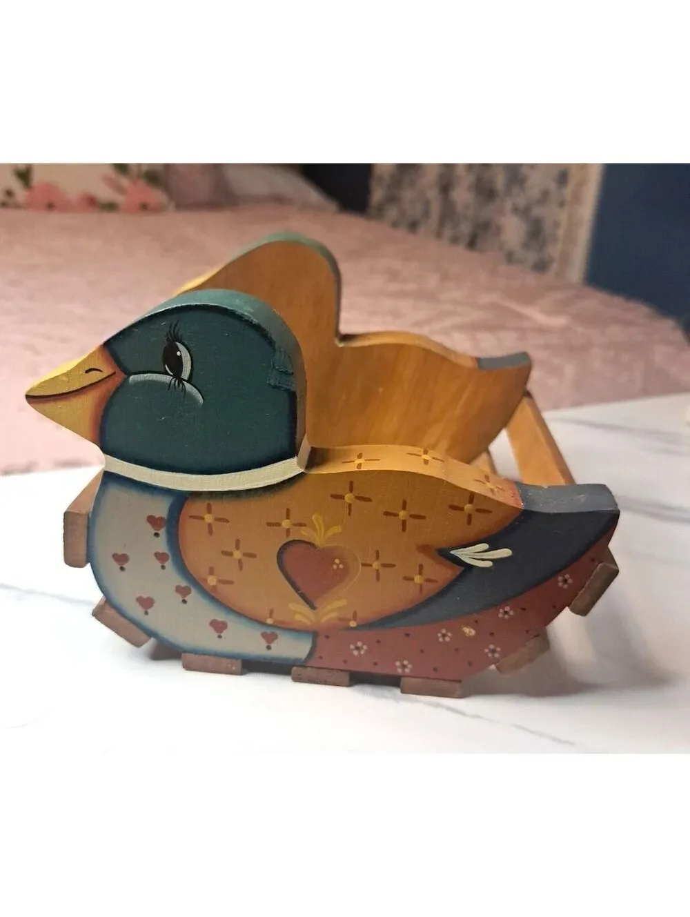 Vintage Hand-Painted Rustic Country Mallard Heart Wooden Slatted Basket 6
